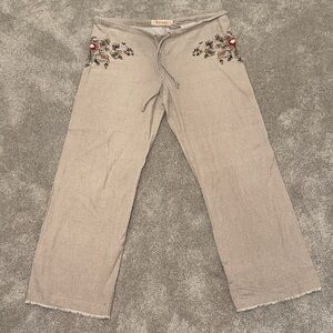 Beige Embroidered Drawstring Pants